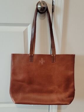 Rust Leather Tote Bag with Stitched Cross